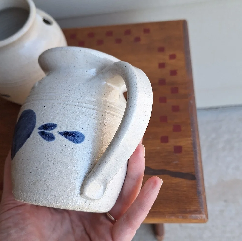 Vintage salt glazed Pinewood Valley stoneware creamer and sugar bowl blue hearts